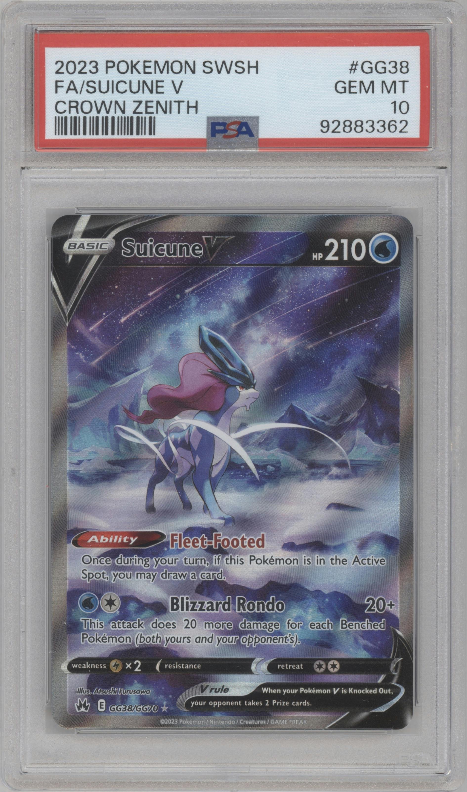 Suicune V from the 2023 Pokemon SWSH set graded by PSA and given an overall grade of 10.