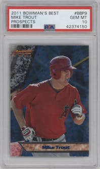 Mike Trout from the 2011 Bowman set graded by PSA and given an overall grade of 10.