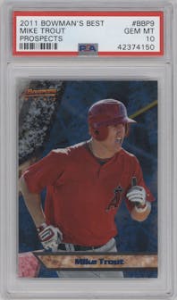Mike Trout from the 2011 Bowman set graded by PSA and given an overall grade of 10.