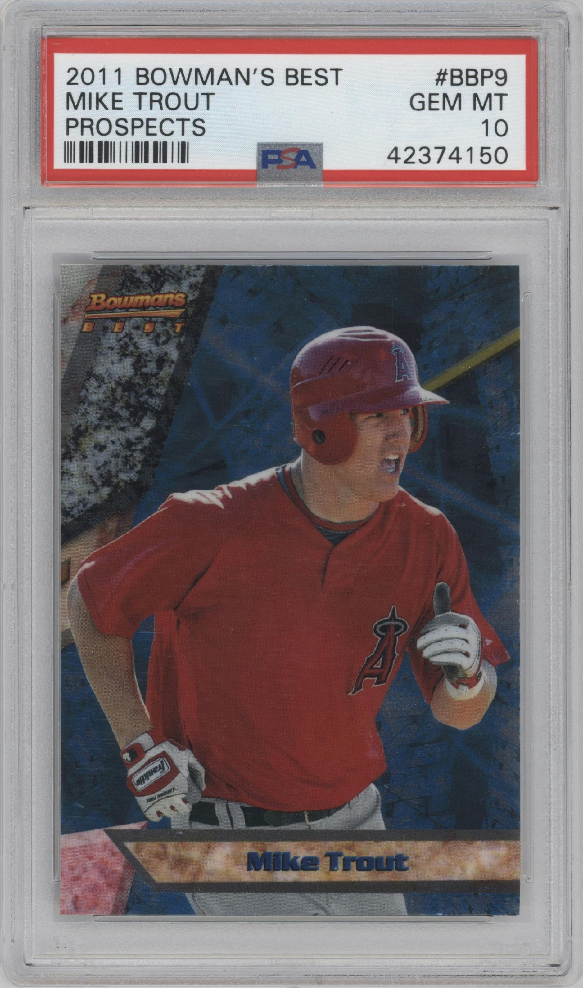 Mike Trout from the 2011 Bowman set graded by PSA and given an overall grade of 10.