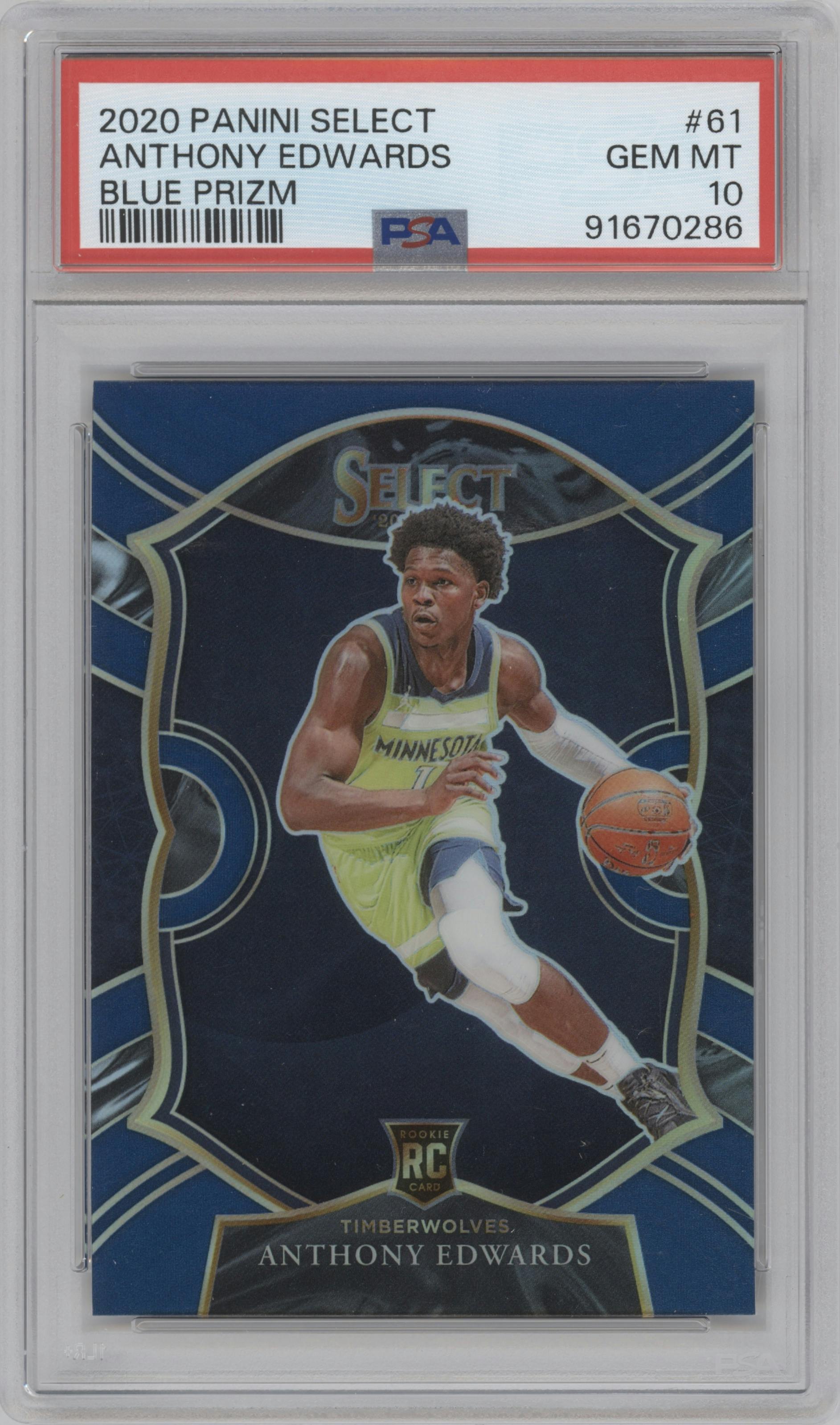 Anthony Edwards from the 2020-21 Panini Select  set featuring a Blue Prizm parallel graded by PSA and given an overall grade of 10.
