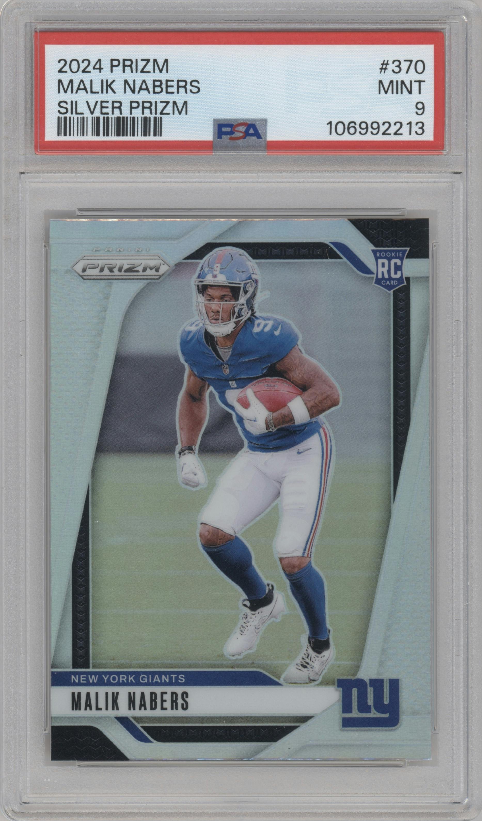 Malik Nabers from the 2024 Panini Prizm set featuring a Silver Prizm parallel graded by PSA and given an overall grade of 9.