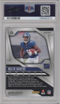 Malik Nabers from the 2024 Panini Prizm set featuring a Silver Prizm parallel graded by PSA and given an overall grade of 9.