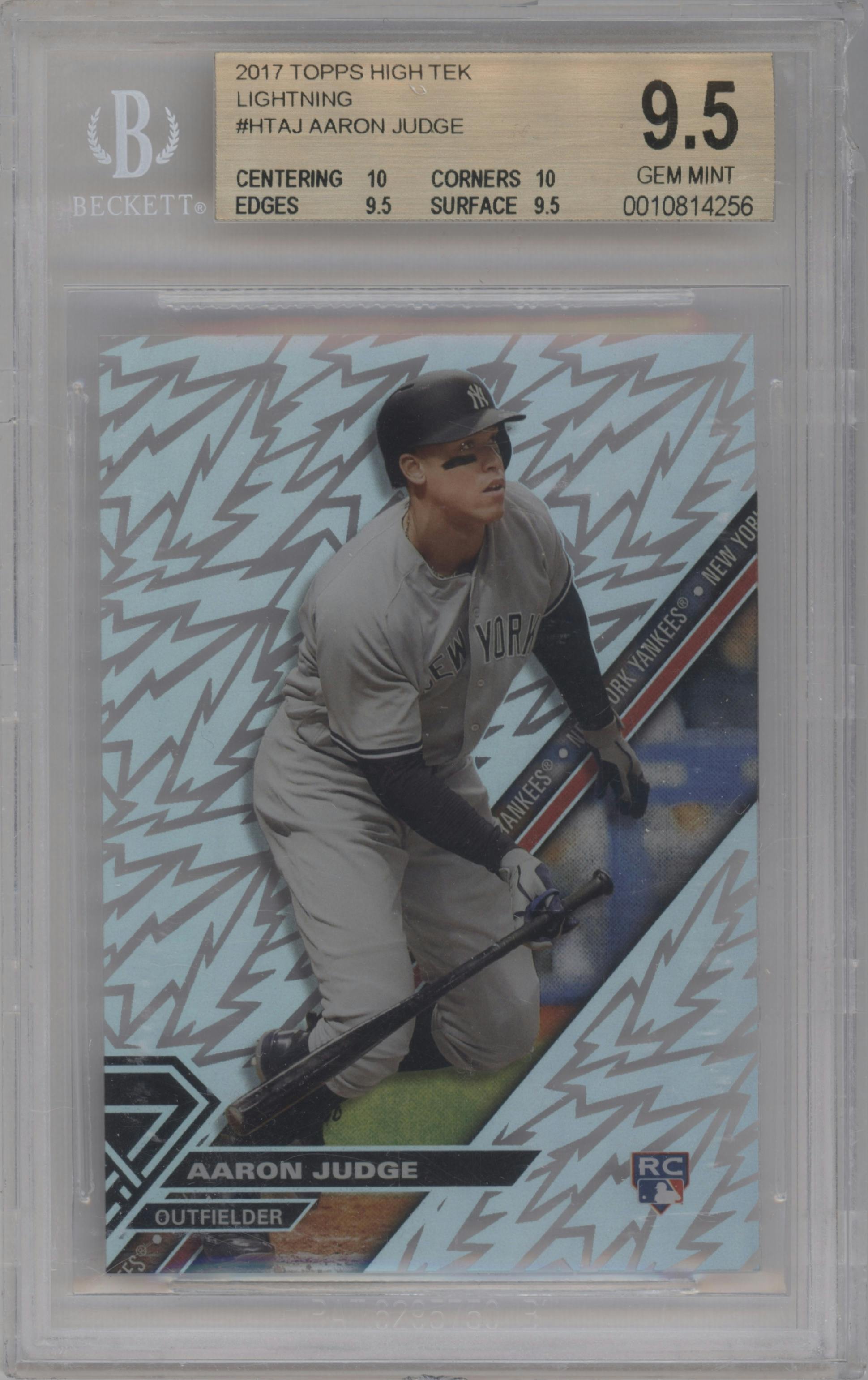 Aaron Judge from the 2017 Topps High Tek set featuring a Pattern 3 parallel graded by Beckett and given an overall grade of 9.5.