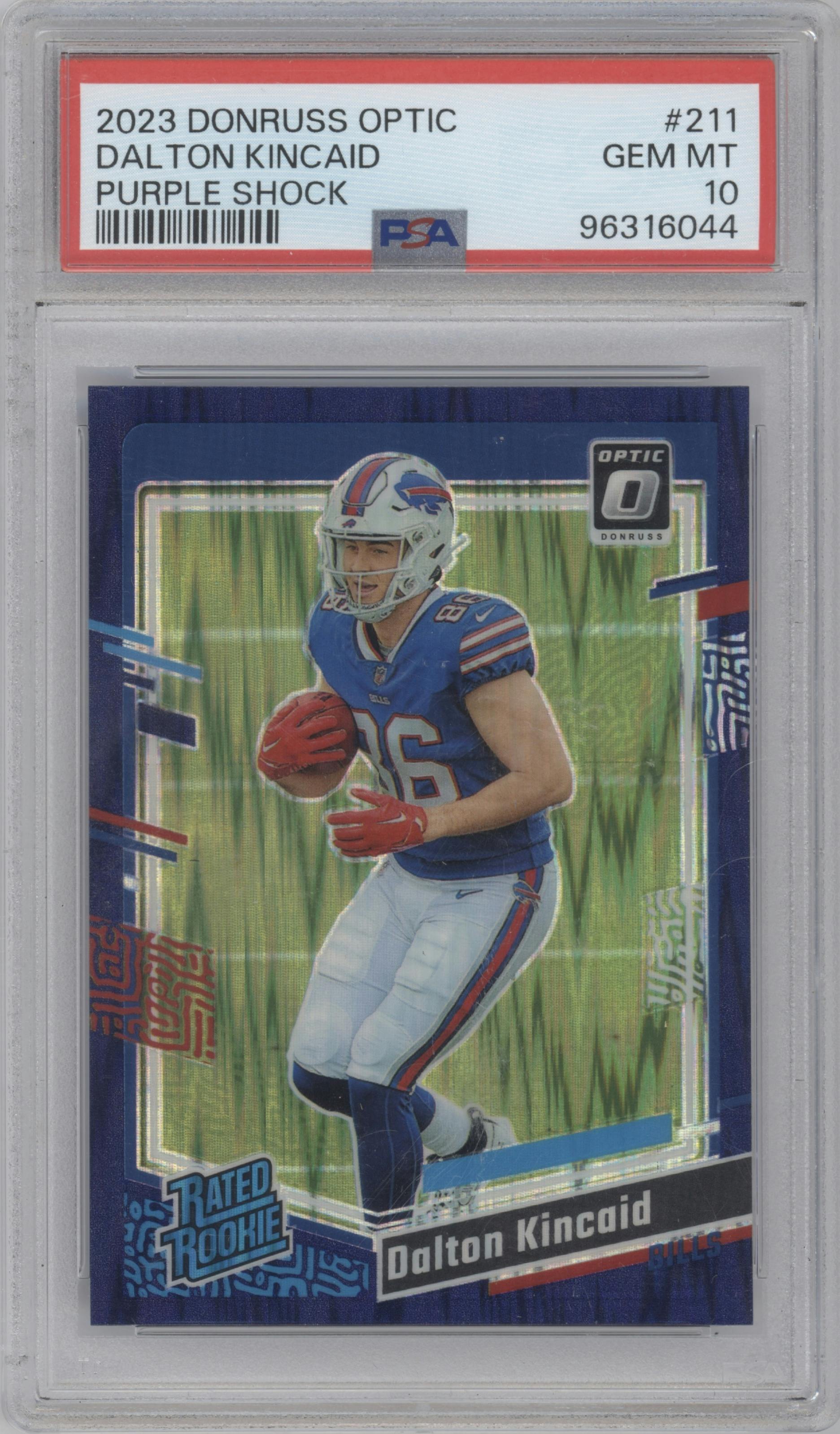 Dalton Kincaid from the 2023 Donruss Optic set featuring a  Purple Shock parallel graded by PSA and given an overall grade of 10.