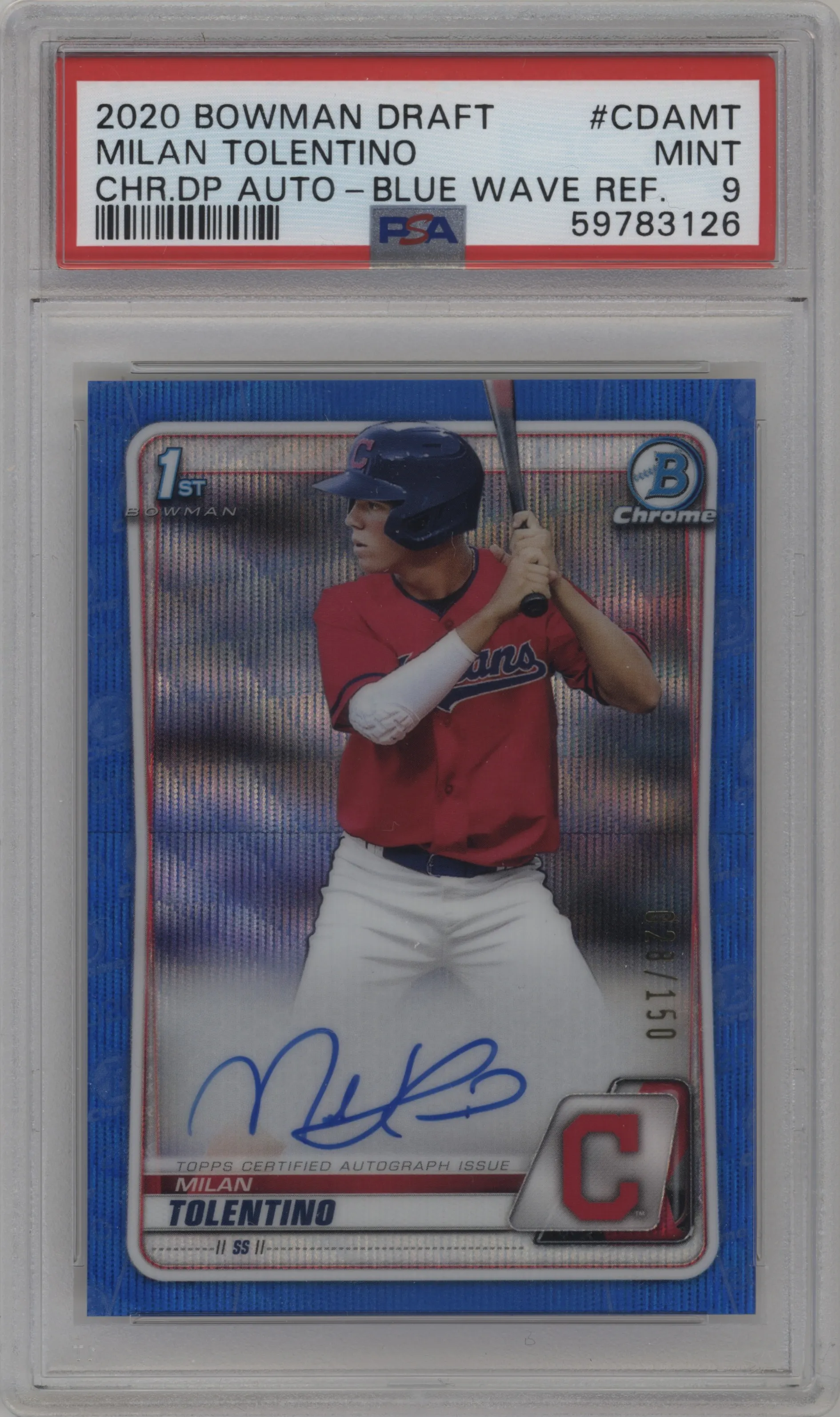 2020 Bowman Draft Chr.DP Auto Milan Tolentino Blue Wave Refractor PSA 9