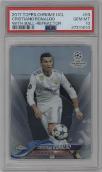 Cristiano Ronaldo from the 2017-18 Topps Chrome UEFA Champions League set featuring a Refractor parallel graded by PSA and given an overall grade of 10.
