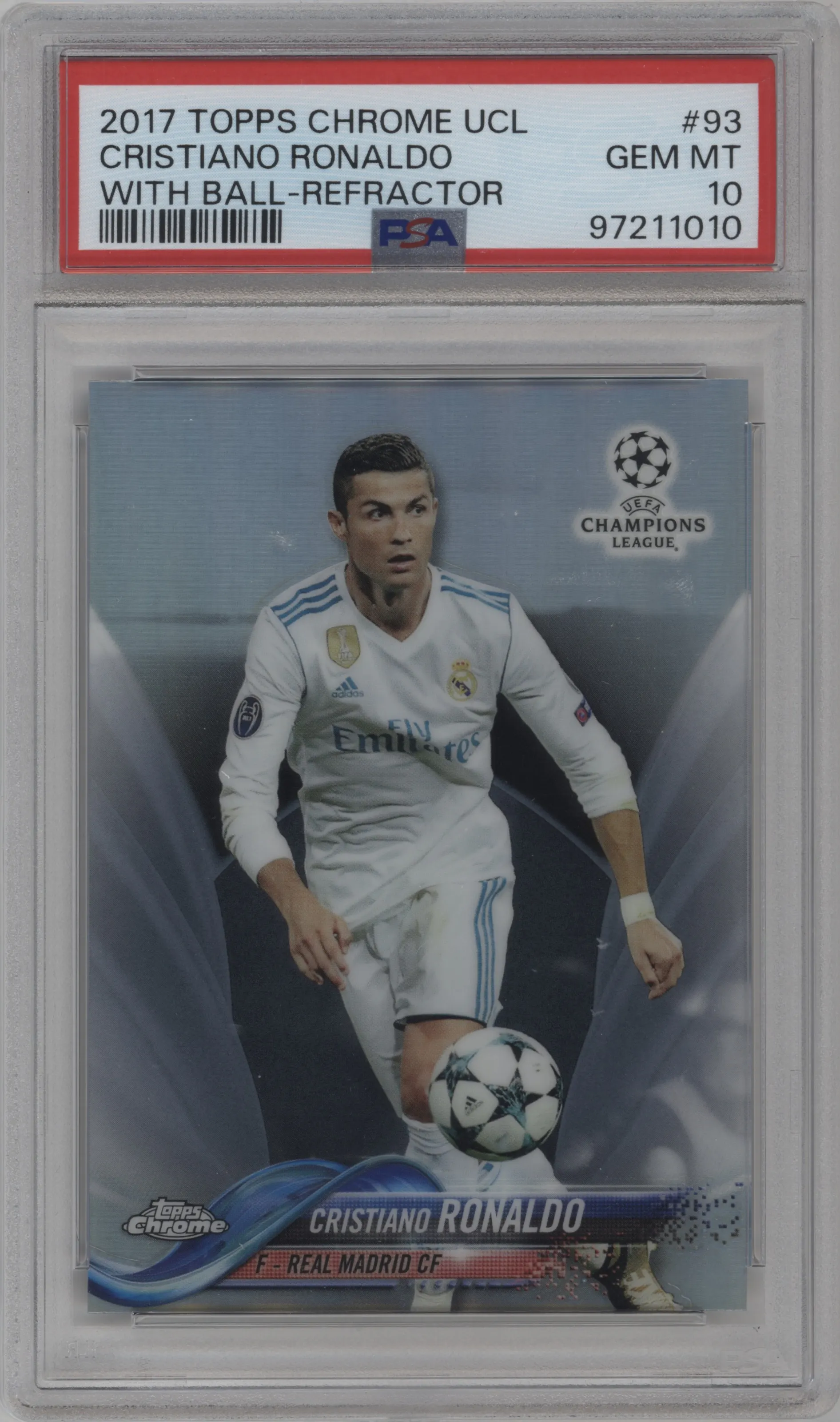 Cristiano Ronaldo from the 2017-18 Topps Chrome UEFA Champions League set featuring a Refractor parallel graded by PSA and given an overall grade of 10.