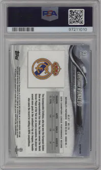 Cristiano Ronaldo from the 2017-18 Topps Chrome UEFA Champions League set featuring a Refractor parallel graded by PSA and given an overall grade of 10.