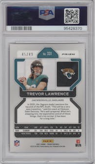 Trevor Lawrence from the 2021 Panini Prizm set featuring a Purple Power parallel graded by PSA and given an overall grade of 9.