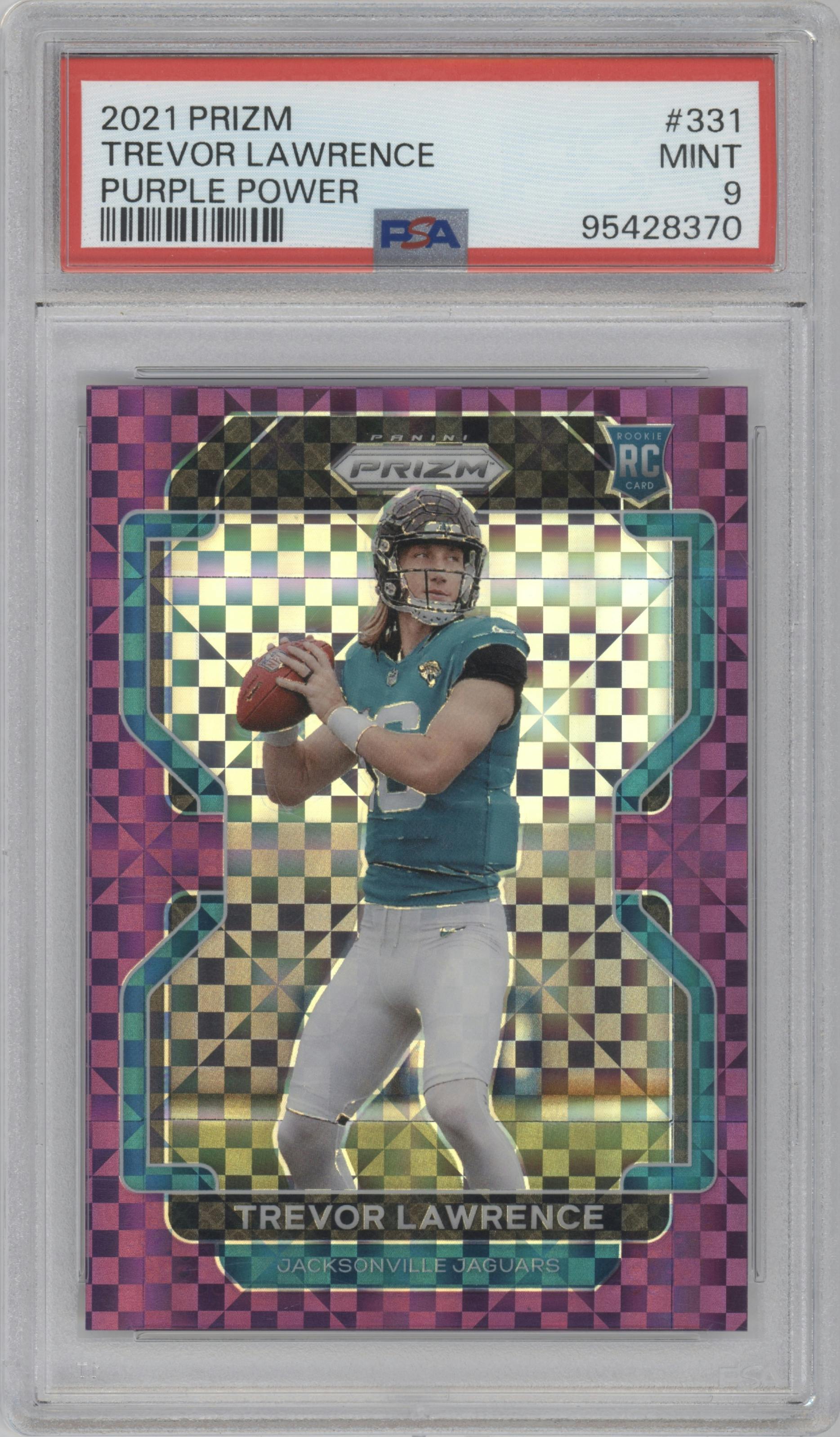 Trevor Lawrence from the 2021 Panini Prizm set featuring a Purple Power parallel graded by PSA and given an overall grade of 9.