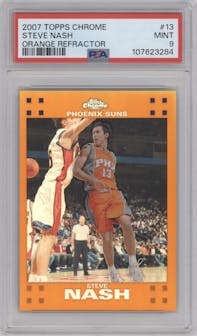 Steve Nash from the 2007-08 Topps Chrome set featuring a Orange Refractor parallel graded by PSA and given an overall grade of 9.