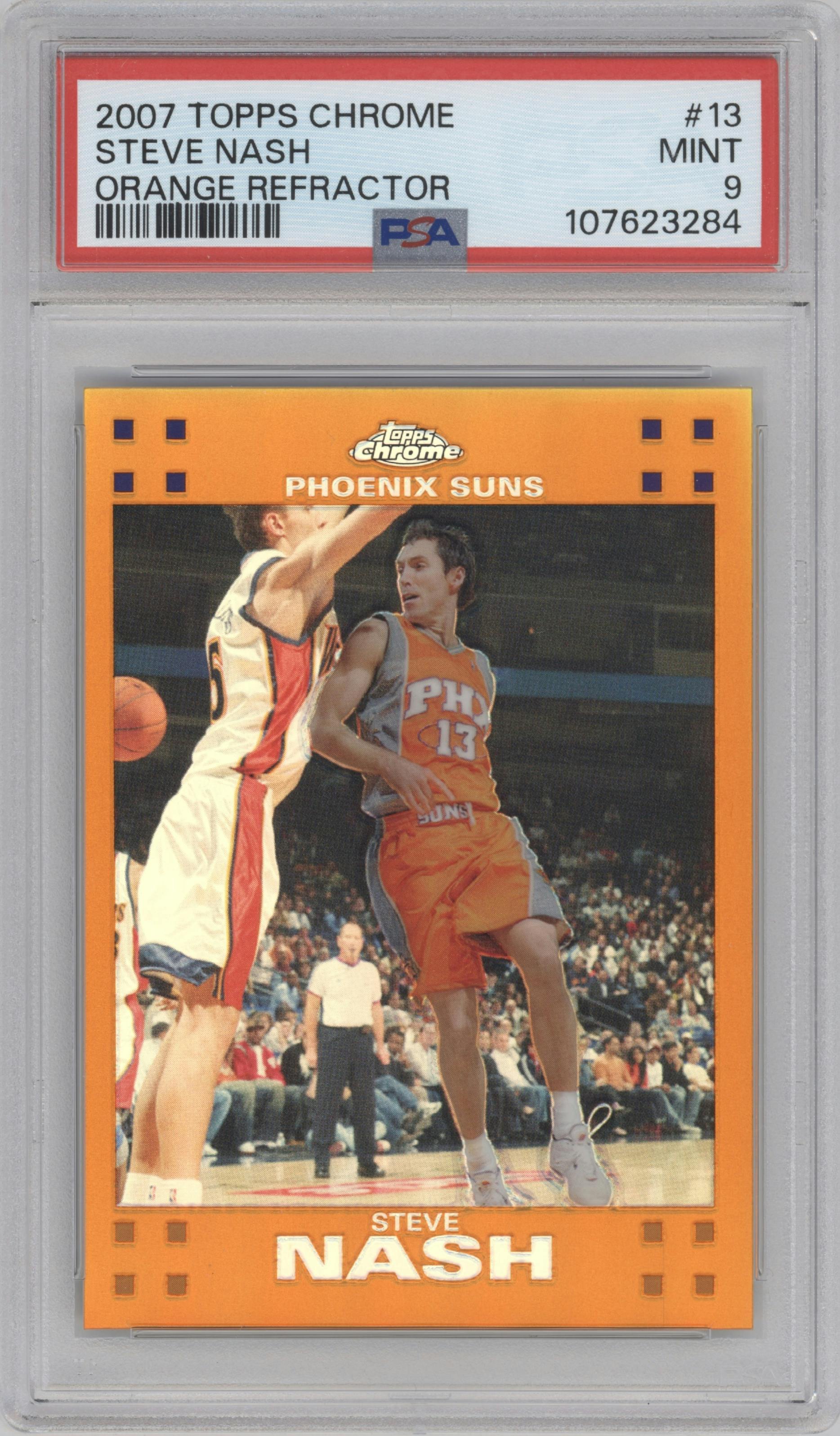 Steve Nash from the 2007-08 Topps Chrome set featuring a Orange Refractor parallel graded by PSA and given an overall grade of 9.