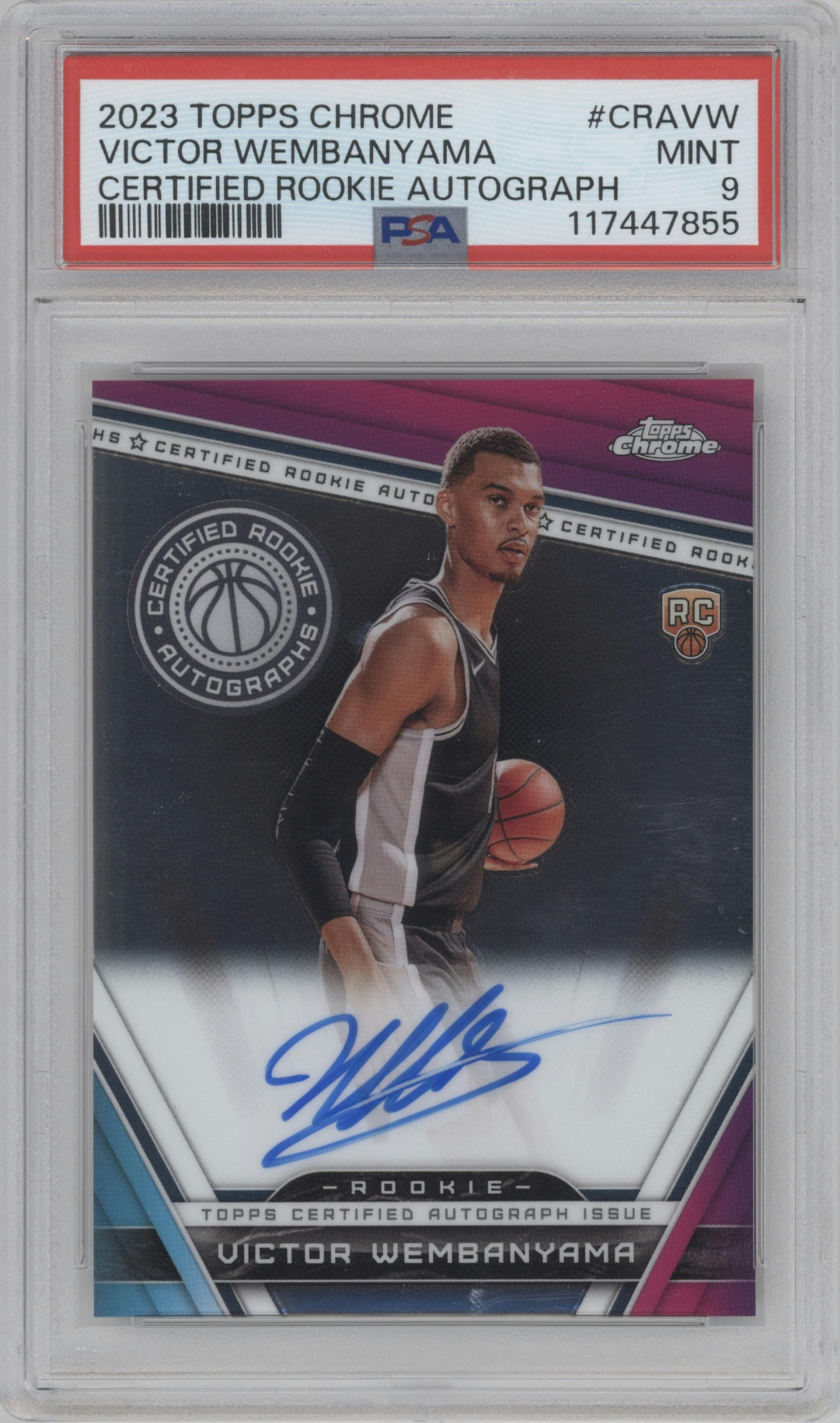 Victor Wembanyama from the 2023-24 Topps Chrome set graded by PSA and given an overall grade of 9.