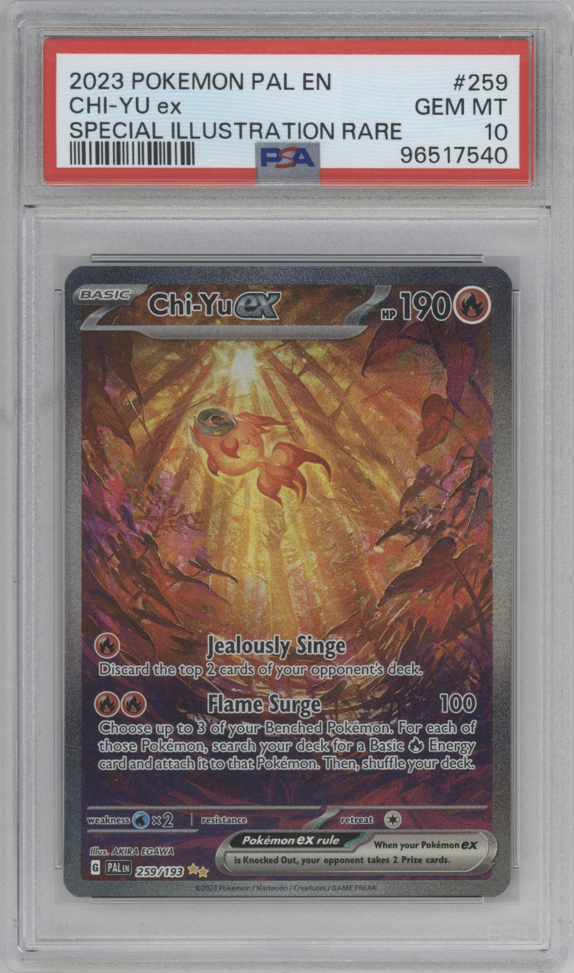 Chi-Yu ex from the 2023 Pokemon SV set graded by PSA and given an overall grade of 10.