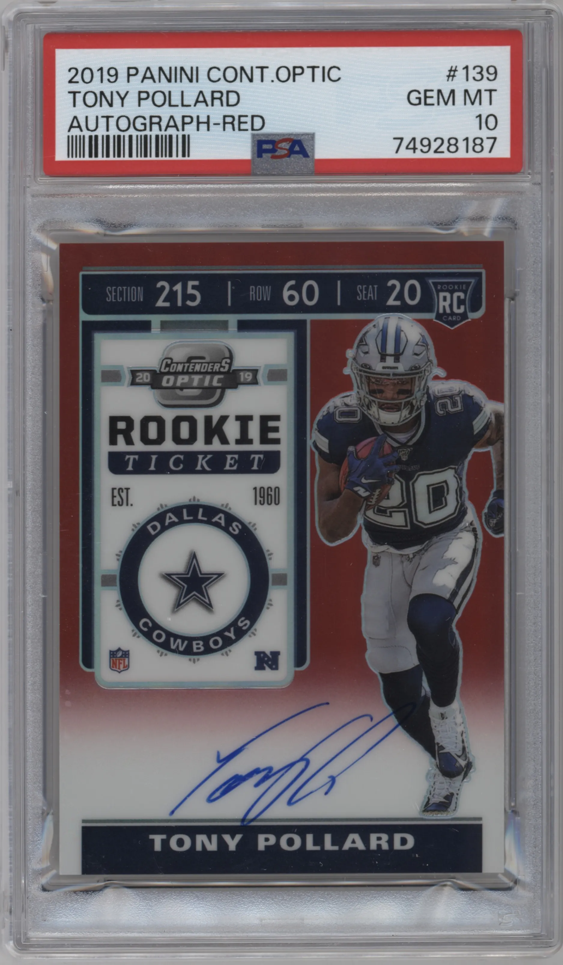 2019 Panini Contenders Optic Rke.Tkt RPS Auto Tony Pollard Red #139 PSA 10