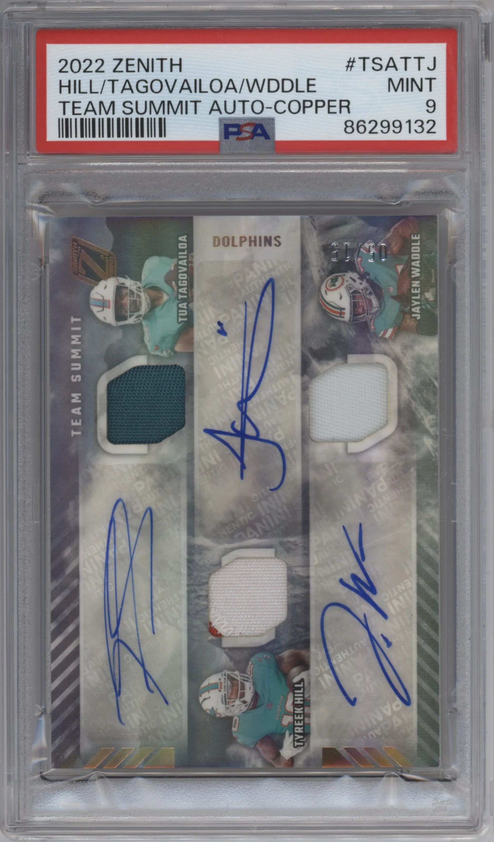 2022 Panini Zenith Team Summit Auto Tua Tagovailoa/Jaylen Waddle/Tyreek Hill Copper #TSA-TTJ PSA 9