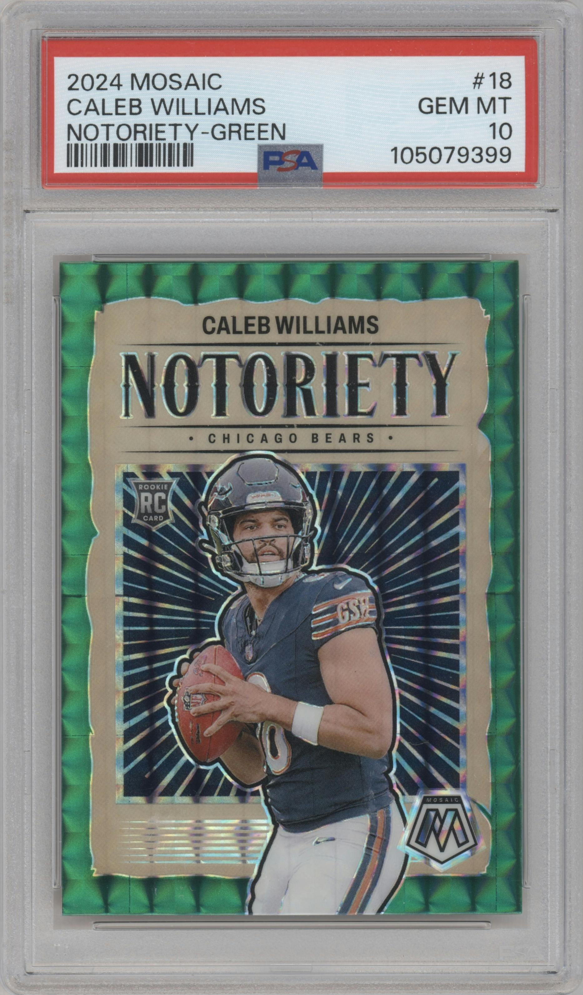 Caleb Williams from the 2024 Panini Mosaic set featuring a Green Mosaic parallel graded by PSA and given an overall grade of 10.