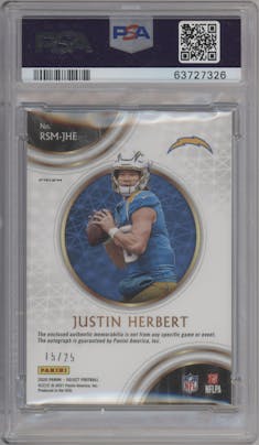 Justin Herbert from the 2020 Panini Select set featuring a Neon Orange Pulsar parallel graded by PSA and given an overall grade of 10.