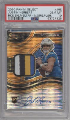 Justin Herbert from the 2020 Panini Select set featuring a Neon Orange Pulsar parallel graded by PSA and given an overall grade of 10.