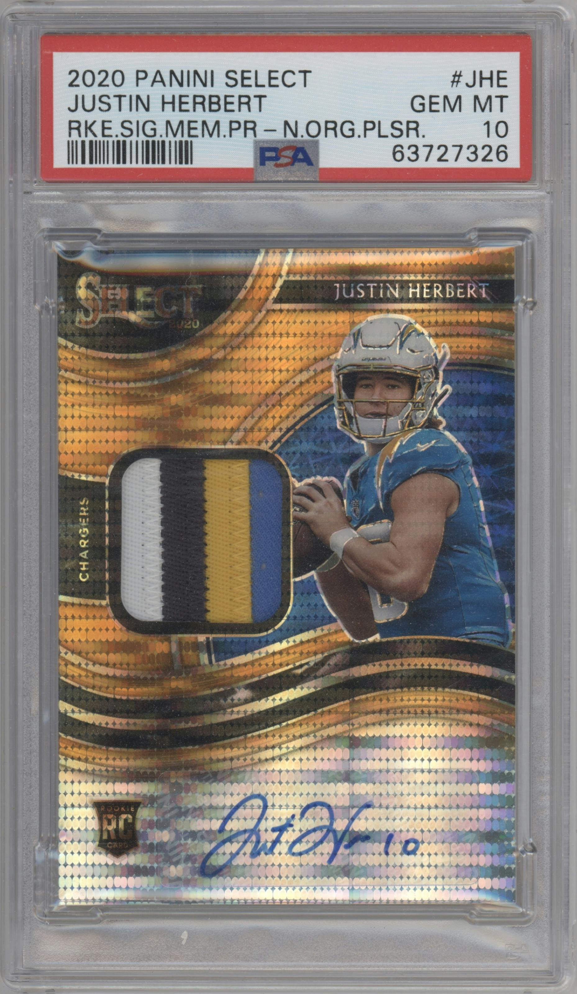 Justin Herbert from the 2020 Panini Select set featuring a Neon Orange Pulsar parallel graded by PSA and given an overall grade of 10.