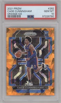 Cade Cunningham from the 2021-22 Panini Prizm  set featuring a Orange Ice parallel graded by PSA and given an overall grade of 10.
