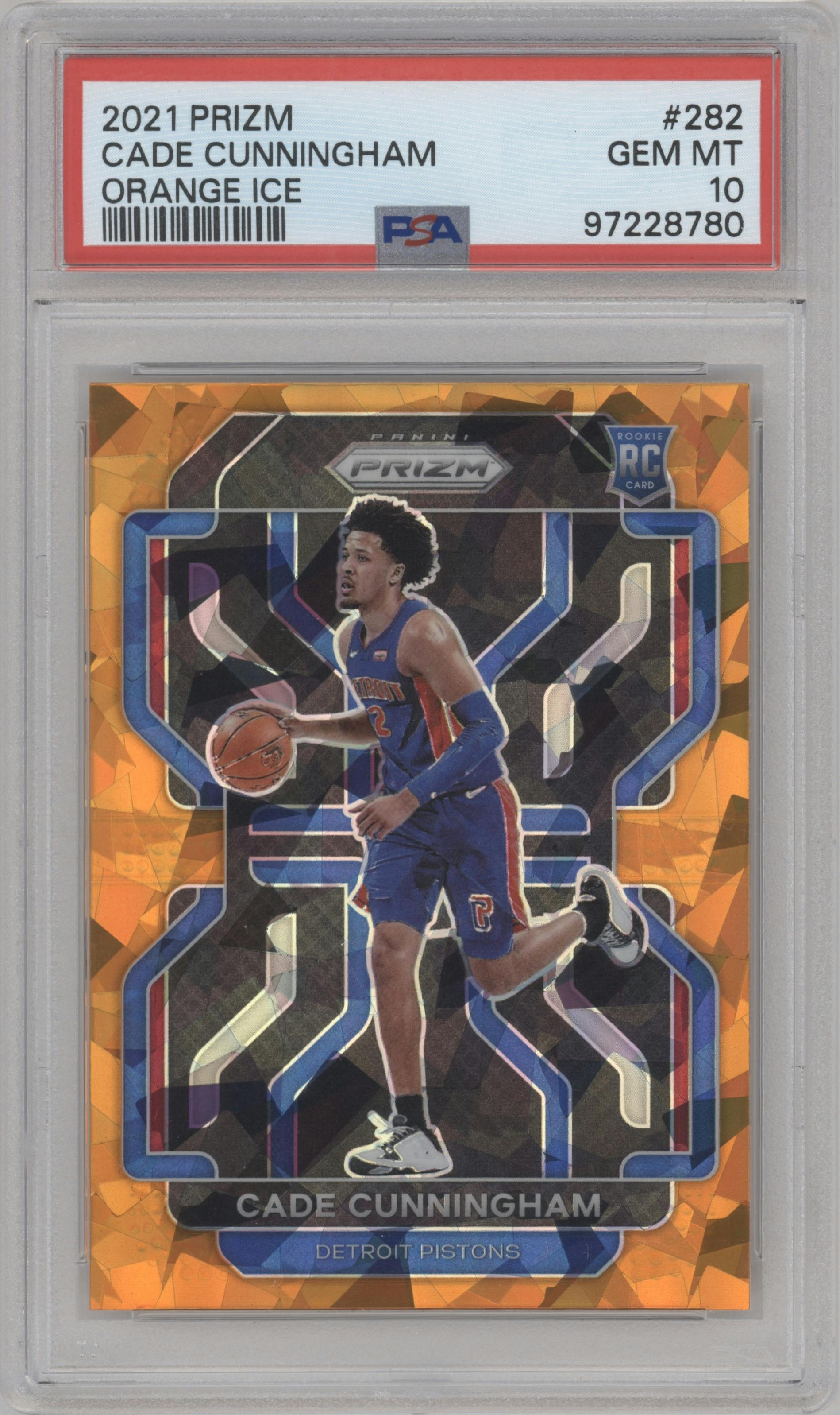 Cade Cunningham from the 2021-22 Panini Prizm  set featuring a Orange Ice parallel graded by PSA and given an overall grade of 10.
