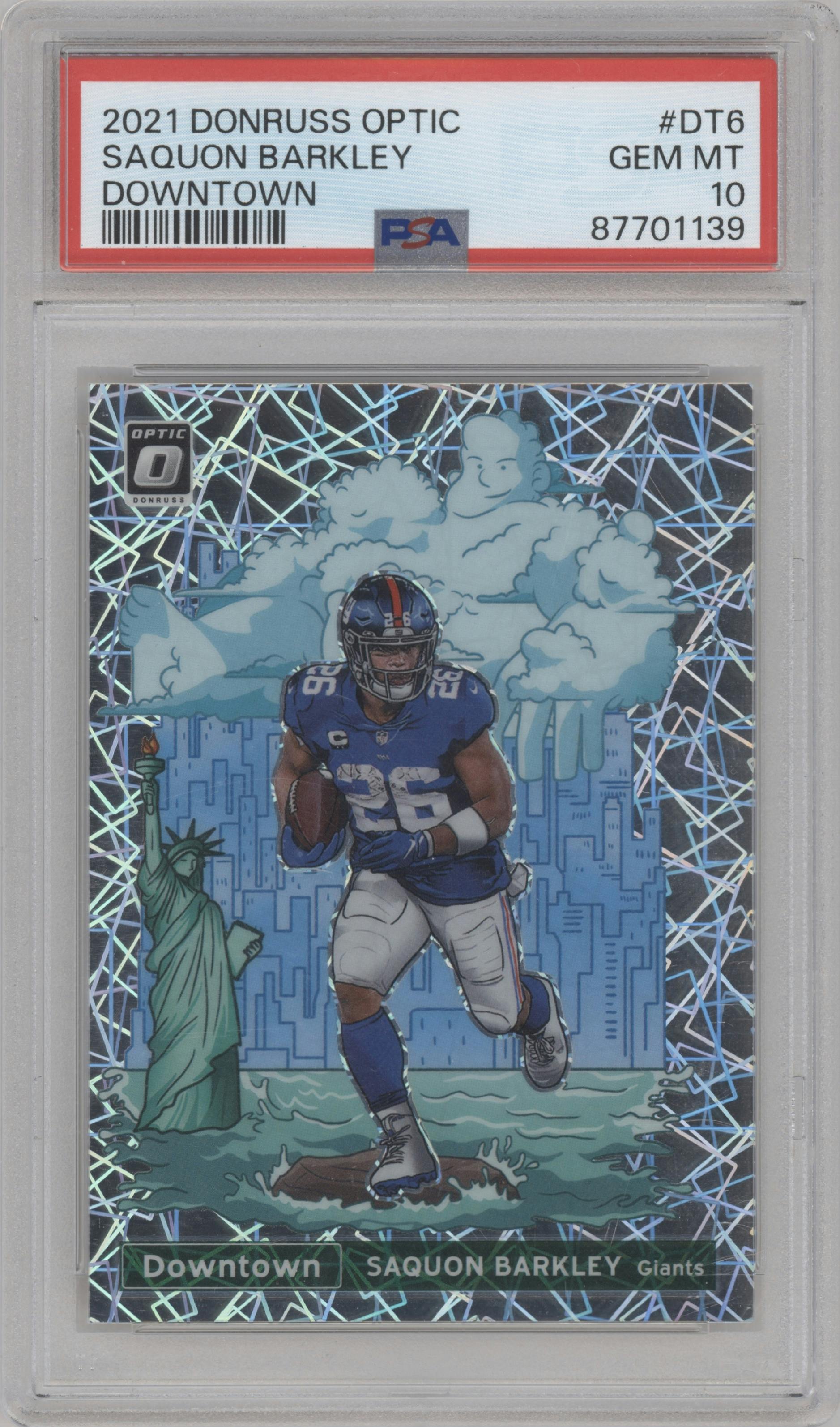 Saquon Barkley from the 2021 Panini Donruss Optic set graded by PSA and given an overall grade of 10.