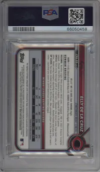 Elly De La Cruz from the 2022 Bowman set featuring a Atomic Ref. parallel graded by PSA and given an overall grade of 10.