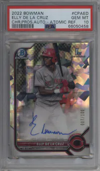 Elly De La Cruz from the 2022 Bowman set featuring a Atomic Ref. parallel graded by PSA and given an overall grade of 10.