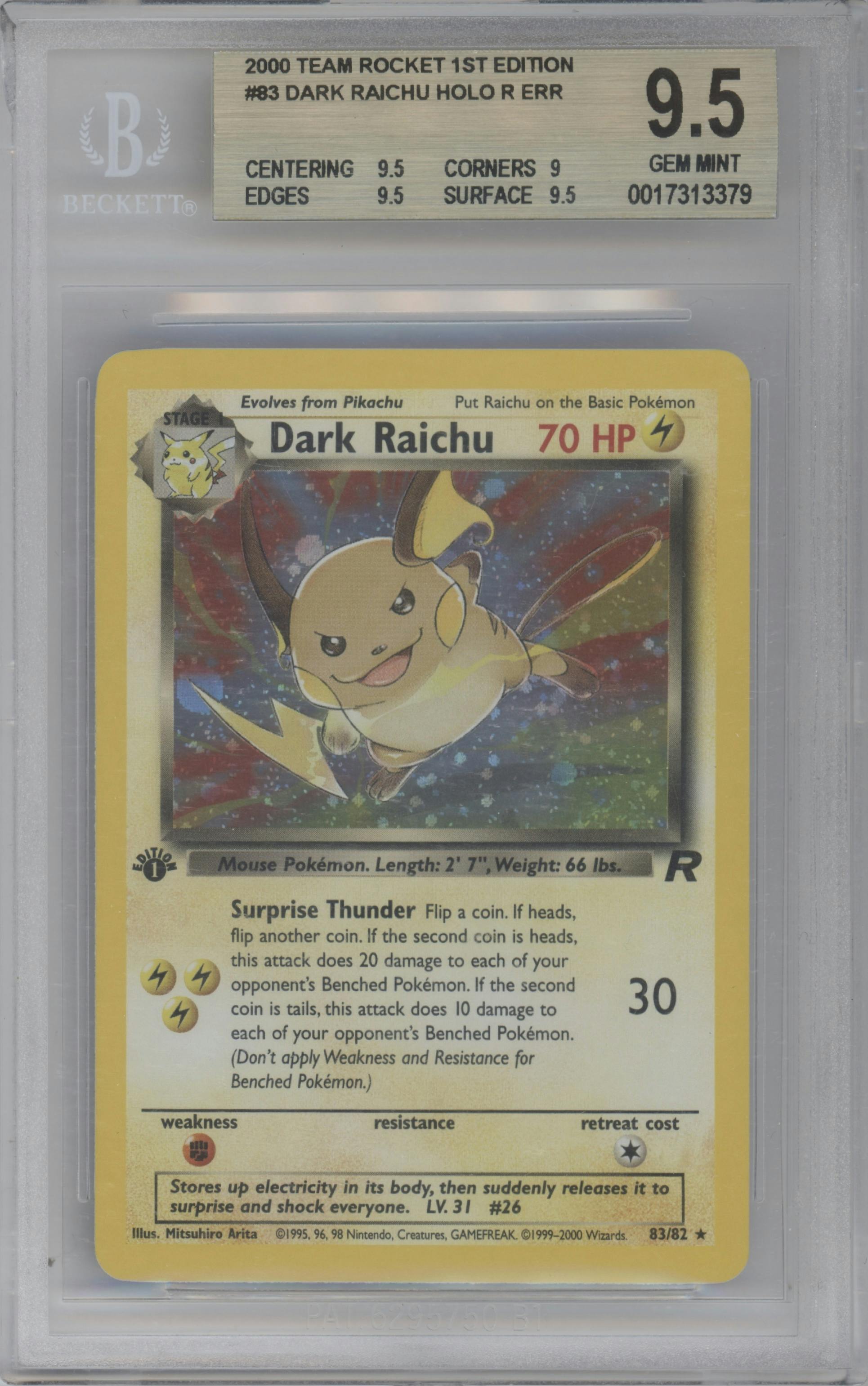 Dark Raichu from the 2000 Pokemon set graded by Beckett and given an overall grade of 9.5.