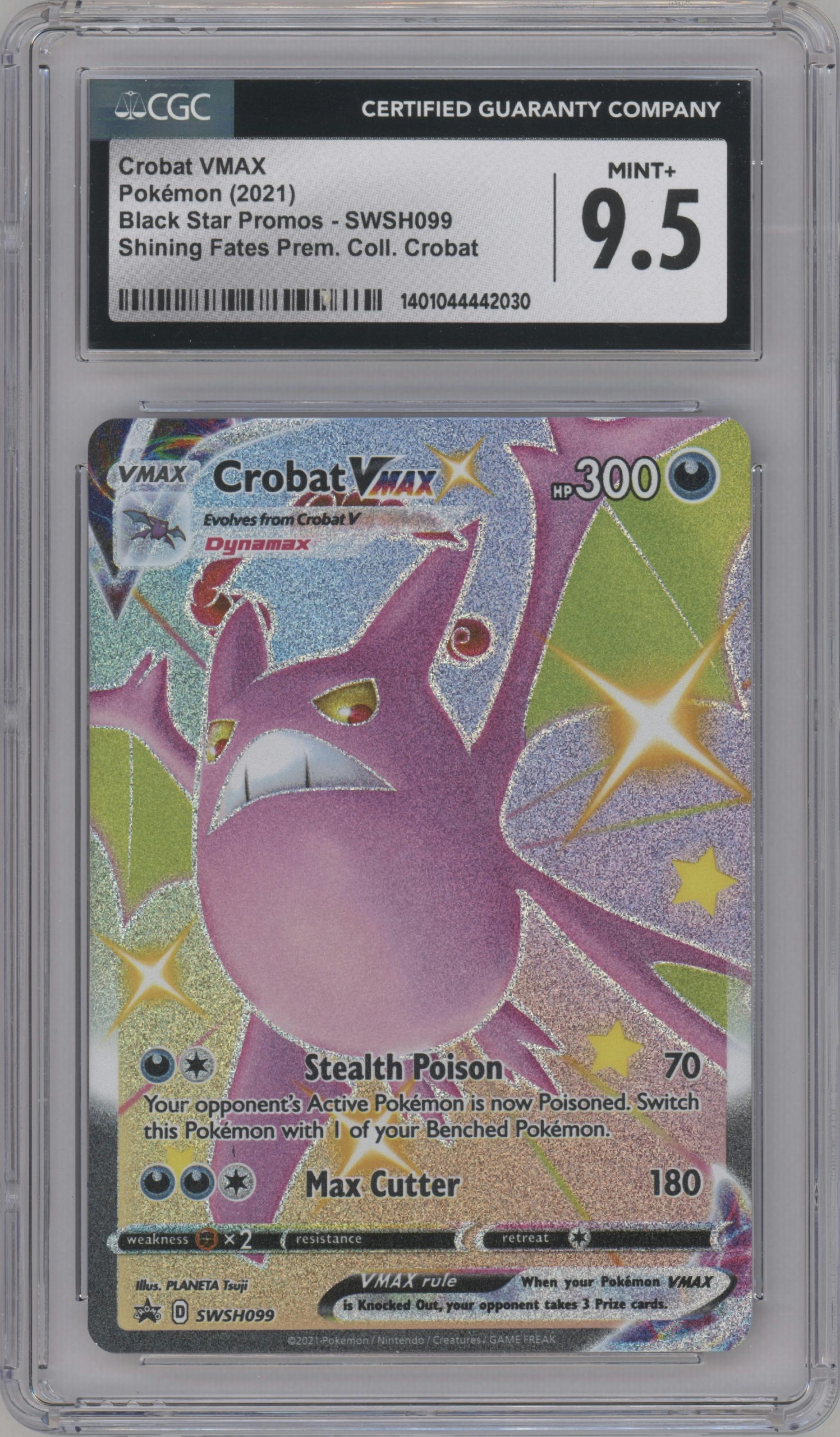 Crobat VMax from the 2021 Pokemon SWSH set featuring a Shiny Crobat VMAX Shining Fates Premium Collection parallel graded by CSG and given an overall grade of 9.5.
