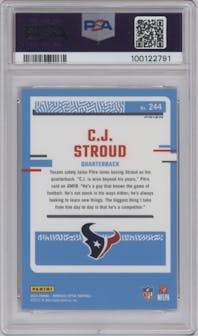 C.J. Stroud from the 2023 Donruss Optic set featuring a  Purple Shock parallel graded by PSA and given an overall grade of 9.