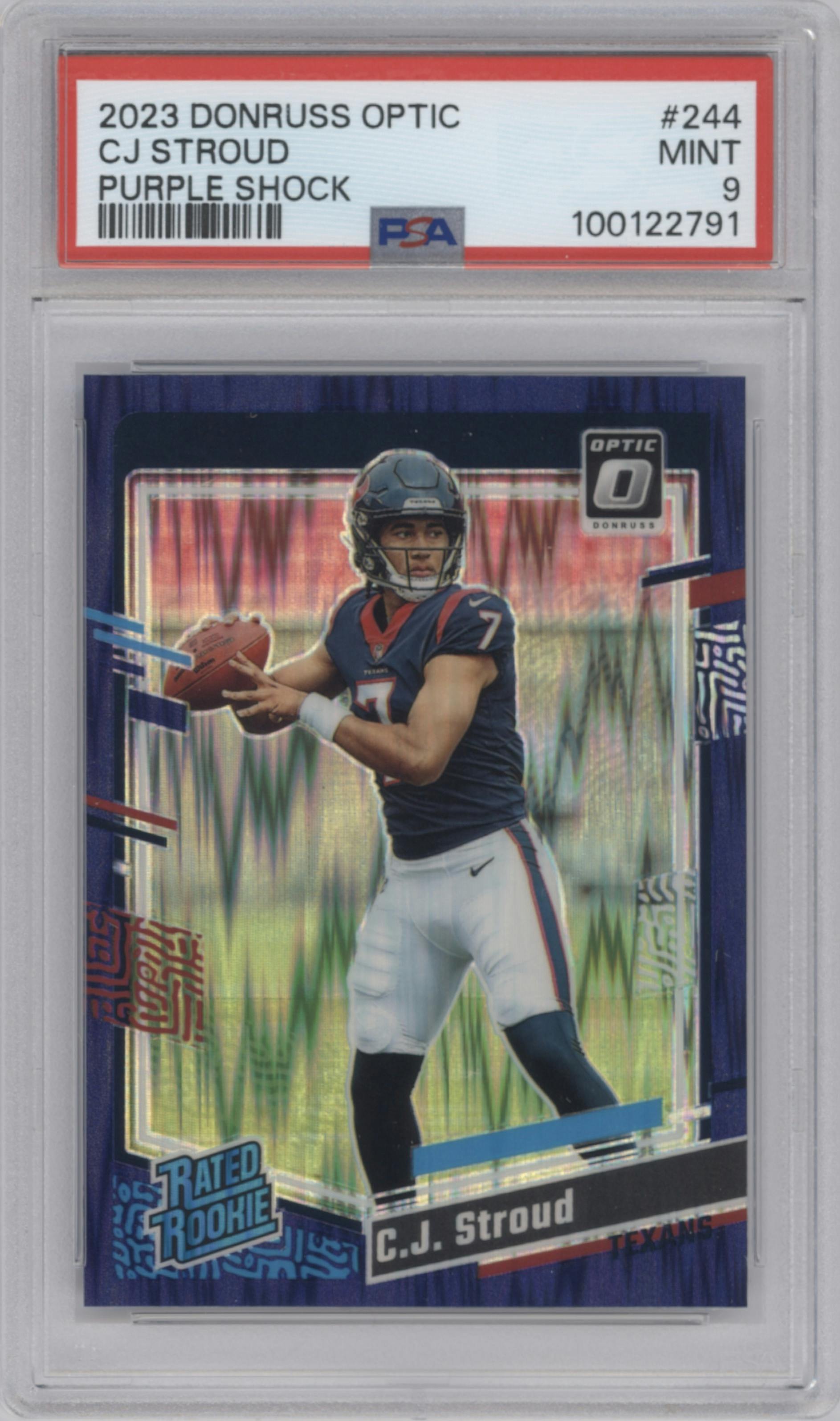 C.J. Stroud from the 2023 Donruss Optic set featuring a  Purple Shock parallel graded by PSA and given an overall grade of 9.