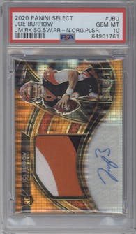 Joe Burrow from the 2020 Panini Select set featuring a Neon Orange Pulsar parallel graded by PSA and given an overall grade of 10.
