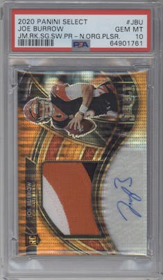 Joe Burrow from the 2020 Panini Select set featuring a Neon Orange Pulsar parallel graded by PSA and given an overall grade of 10.