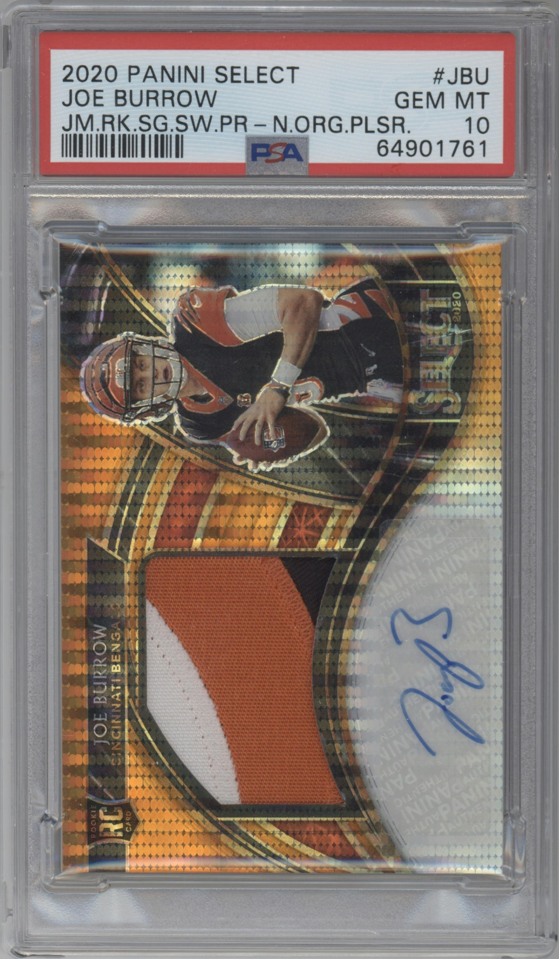 Joe Burrow from the 2020 Panini Select set featuring a Neon Orange Pulsar parallel graded by PSA and given an overall grade of 10.