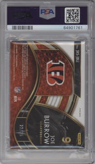 Joe Burrow from the 2020 Panini Select set featuring a Neon Orange Pulsar parallel graded by PSA and given an overall grade of 10.