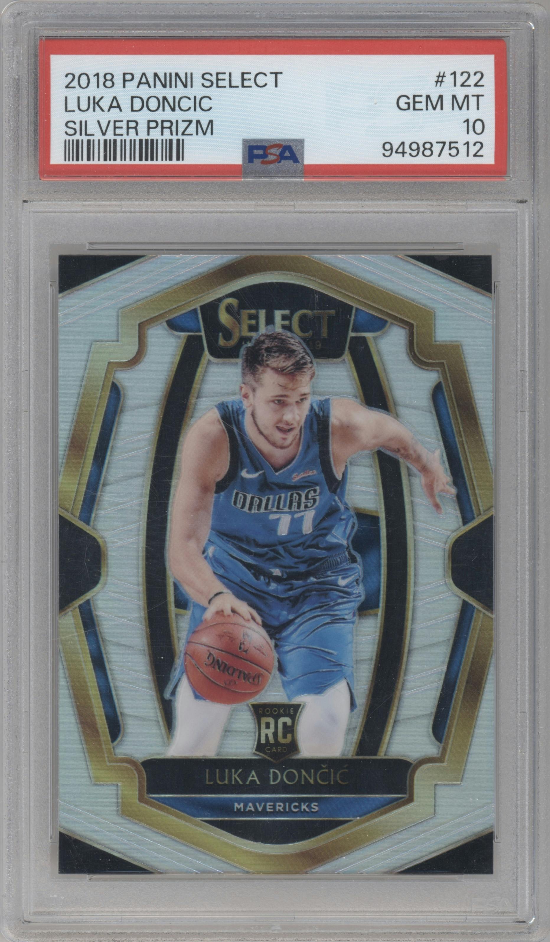 Luka Doncic from the 2018-19 Panini Select  set featuring a Silver Prizm parallel graded by PSA and given an overall grade of 10.
