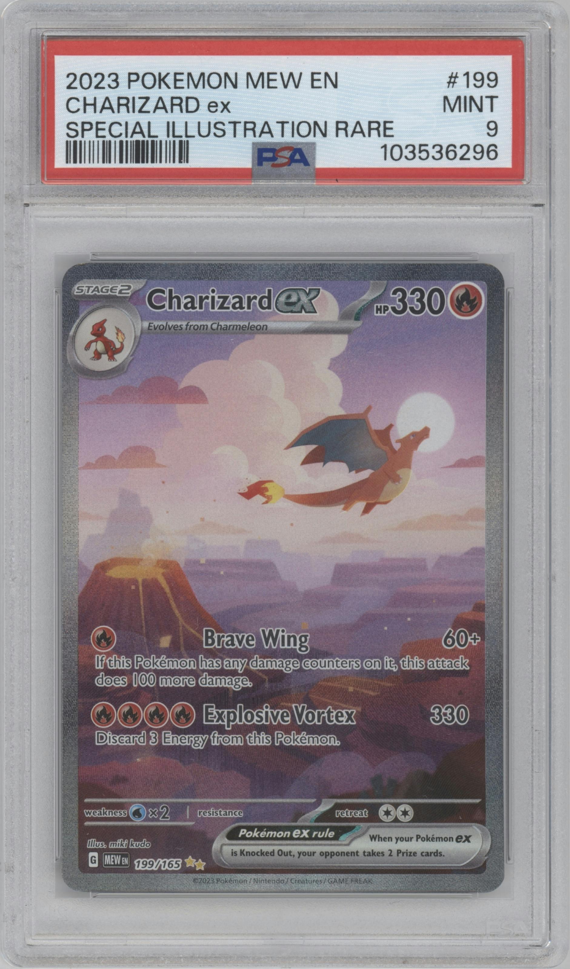 Charizard ex from the 2023 Pokemon SV set graded by PSA and given an overall grade of 9.