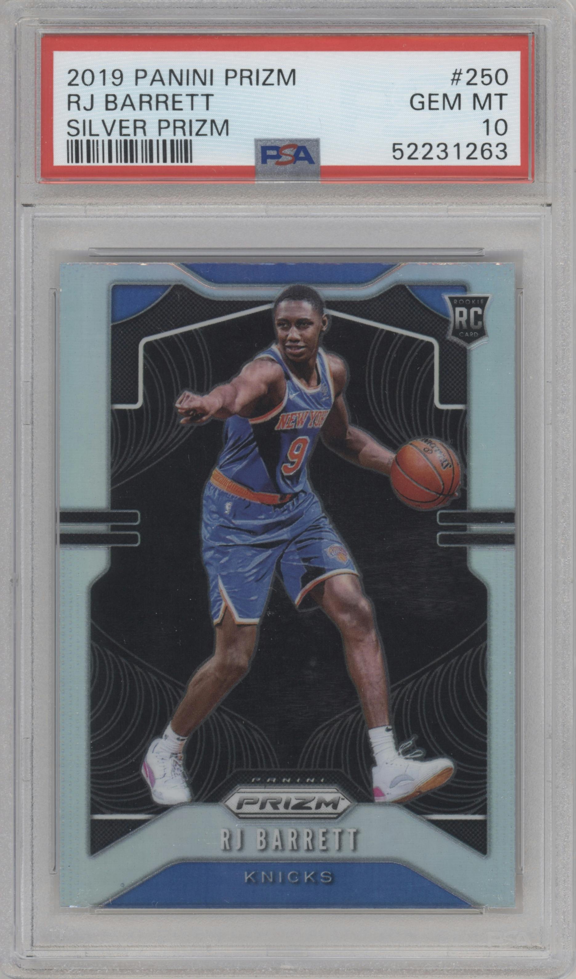 RJ Barrett from the 2019-20 Panini Prizm set featuring a Silver Prizm parallel graded by PSA and given an overall grade of 10.
