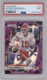 Patrick Mahomes II from the 2024 Panini Prizm set featuring a Purple Ice parallel graded by PSA and given an overall grade of 9.