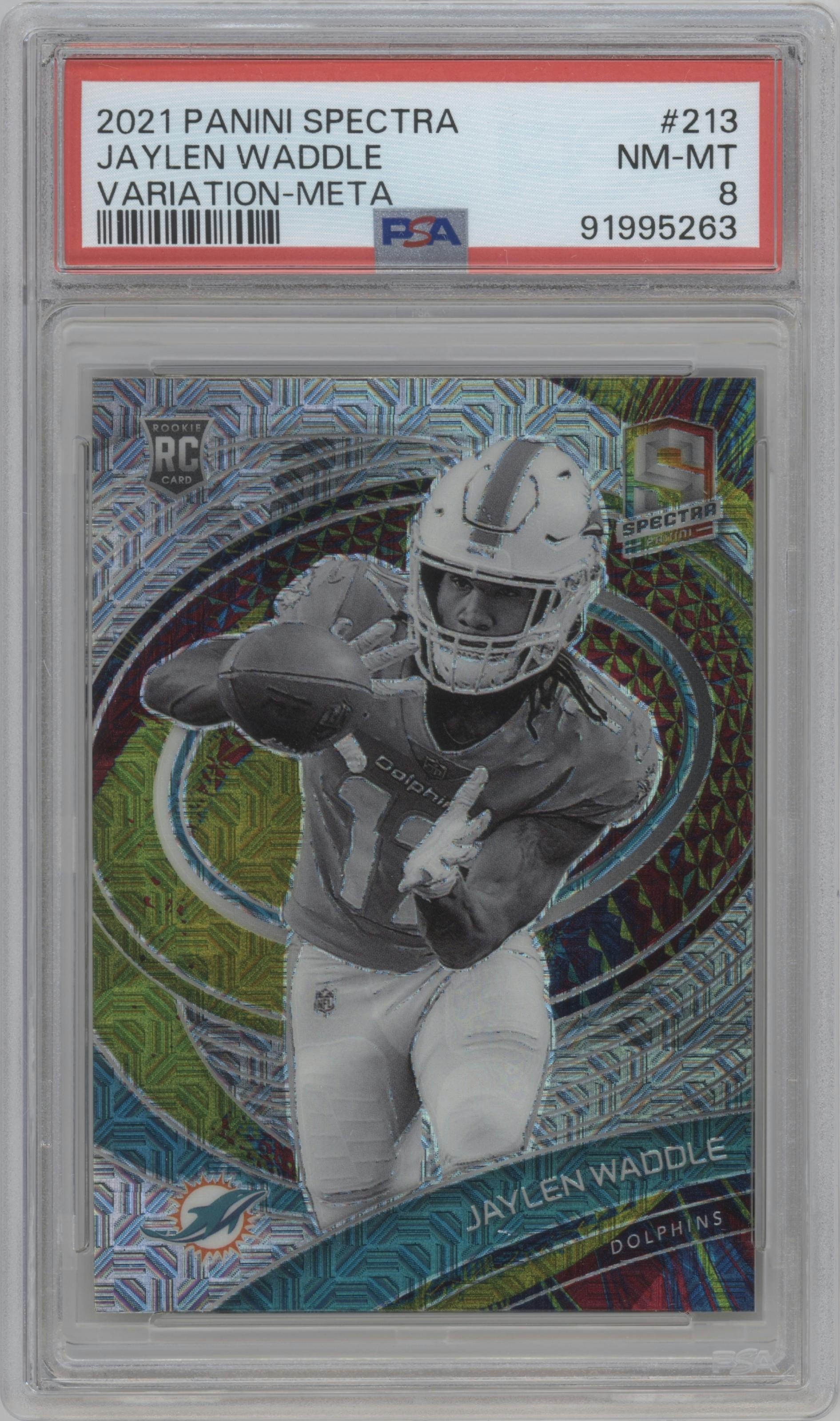 Jaylen Waddle from the 2021 Panini Spectra set featuring a Meta parallel graded by PSA and given an overall grade of 8.