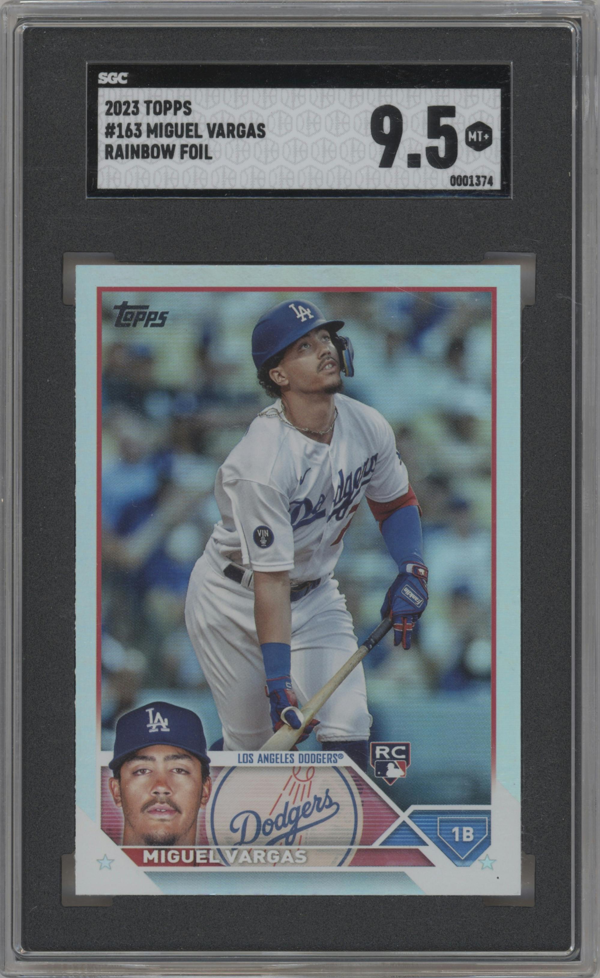 Miguel Vargas from the 2023 Topps Series 1 set featuring a Rainbow Foil parallel graded by SGC and given an overall grade of 9.5.