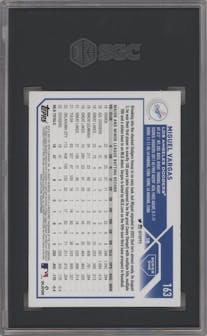 Miguel Vargas from the 2023 Topps Series 1 set featuring a Rainbow Foil parallel graded by SGC and given an overall grade of 9.5.