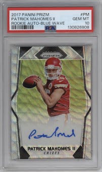 Patrick Mahomes II from the 2017 Panini Prizm set featuring a Blue Wave parallel graded by PSA and given an overall grade of 10.