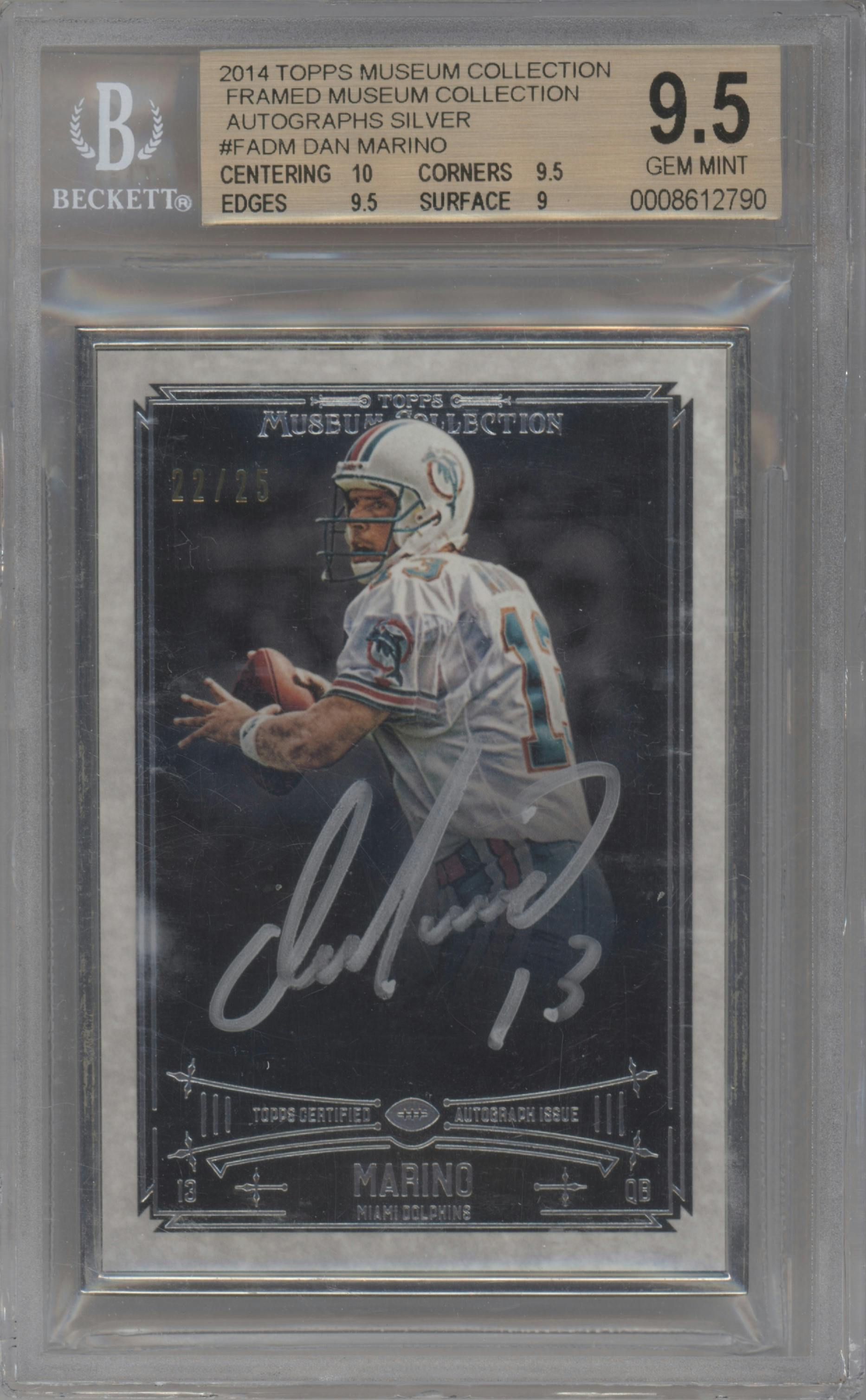 Dan Marino from the 2014 Topps Museum Collection set featuring a Silver Frame parallel graded by Beckett and given an overall grade of 9.5.