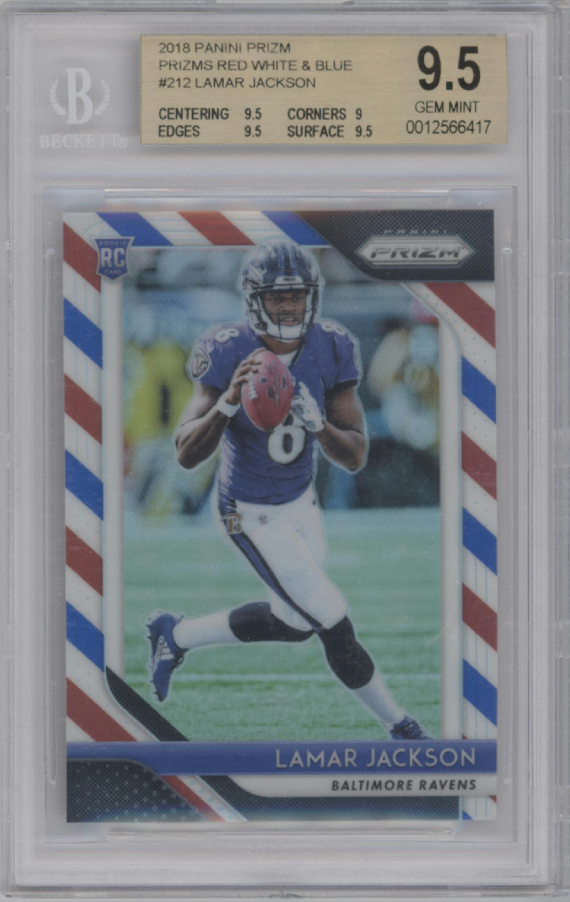 Lamar Jackson from the 2018 Panini Prizm set featuring a Red/White/Blue Prizm parallel graded by Beckett and given an overall grade of 9.5.
