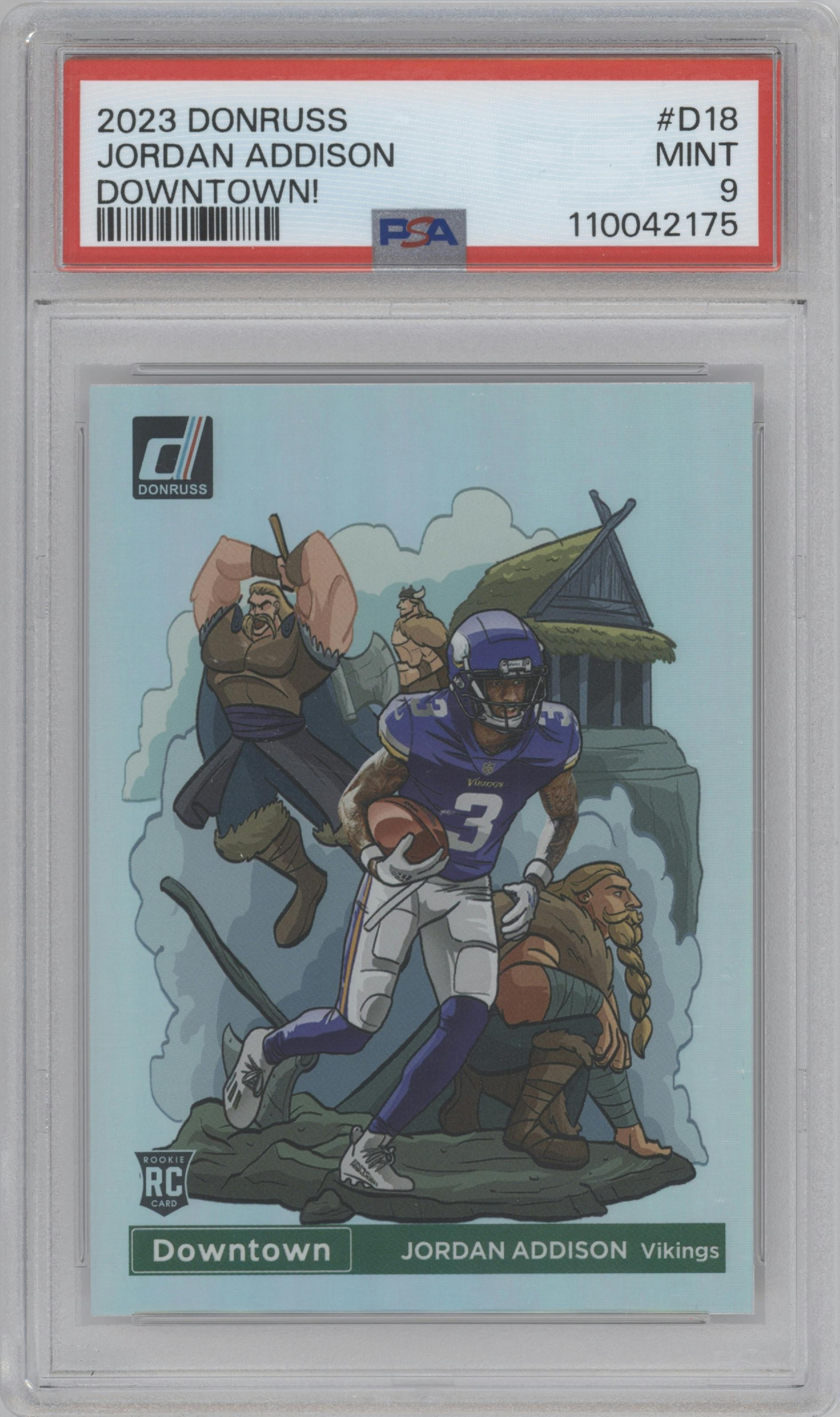 Jordan Addison from the 2023 Panini Donruss set graded by PSA and given an overall grade of 9.
