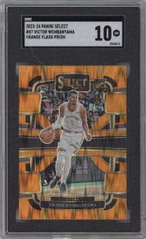 Victor Wembanyama from the 2023-24 Panini Select  set featuring a Orange Flash parallel graded by SGC and given an overall grade of 10.